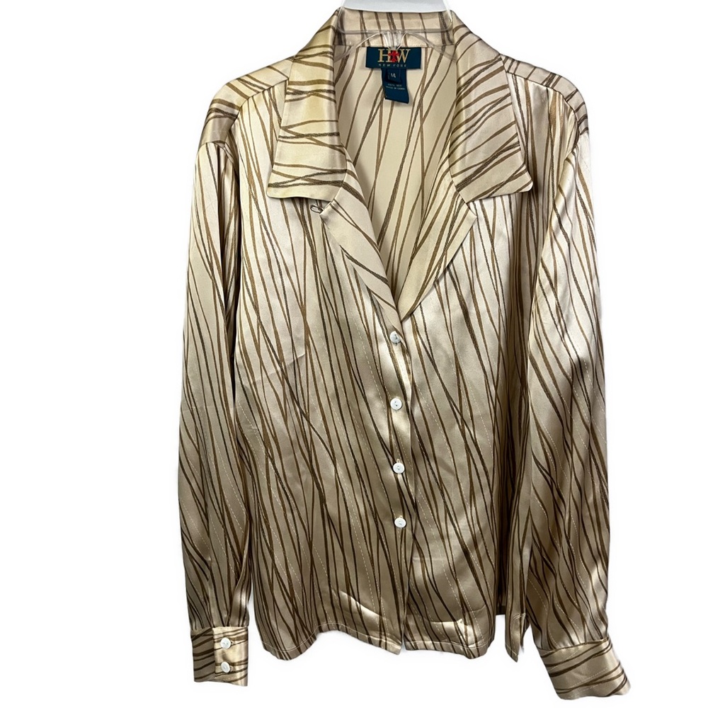 Vintage Women's 100% Silk Patterned Long Sleeve Button Front Blouse-‎ Size 14
